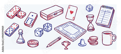 Various hand-drawn board game elements and accessories, including dice, dominoes, cards, and game pieces, are scattered across a light surface