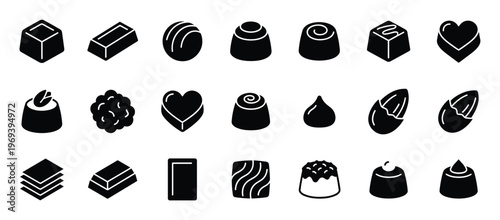 Collection of various black silhouette chocolate candies and sweets icons in a clean, modern style