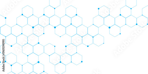 Molecular structure abstract tech background. Geometric white background. Vector banner design with hexagons. Science network pattern, connecting lines and dots Medical background, Vector illustration