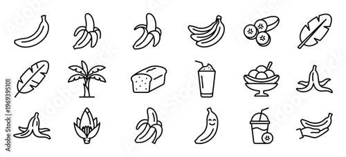 Collection of various banana-themed outline icons, including whole fruit, peeled, sliced, leaves, and desserts