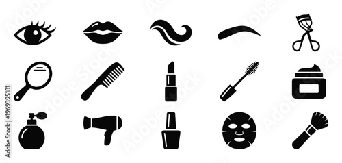 Collection of black silhouette beauty and cosmetic icons arranged neatly on a clean white surface
