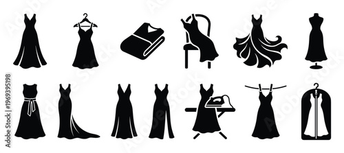 Various black silhouette dresses and gowns are displayed in different styles and situations, creating a comprehensive icon set