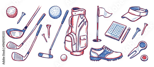 Various golf equipment items, including clubs, balls, bag, and shoes, are depicted in a hand-drawn sketch style with red and blue outlines