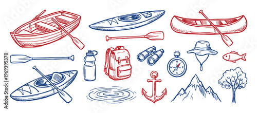 Hand-drawn collection of outdoor adventure and camping items in red and blue sketch style, including boats, paddles, and mountains