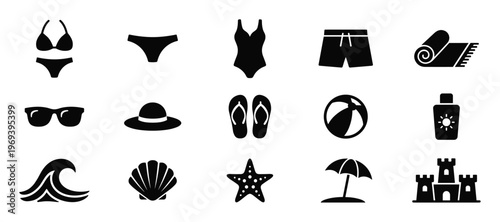 Collection of black silhouette beach and summer icons including swimwear, accessories, and seaside elements, presented in a clean, graphic style