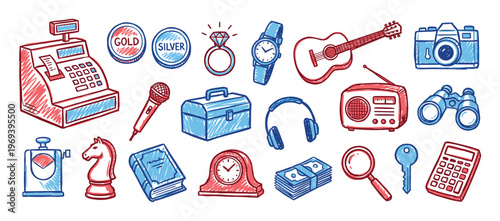 Collection of hand-drawn red and blue doodle icons representing various objects and concepts in a playful style