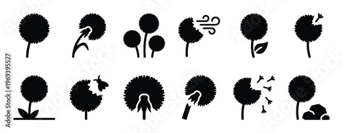 Collection of black dandelion flower silhouette icons depicting various stages and interactions, presented in a clean, graphic style