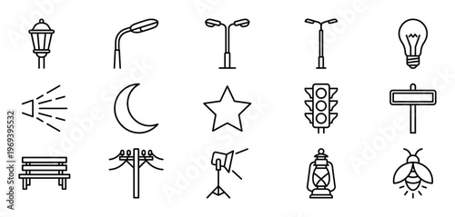 Various black outline icons representing light sources and related objects are neatly arranged on a clean white surface