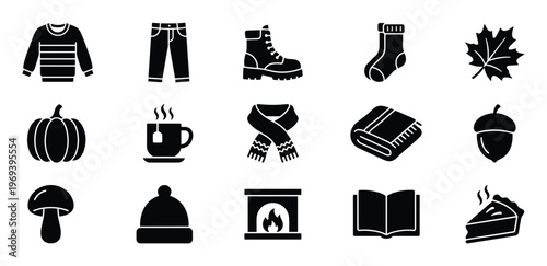 Collection of fifteen black and white autumn-themed icons, including clothing, food, and nature elements, presented in a clean, graphic style
