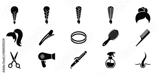 Collection of black silhouette icons representing various hairstyles and hairdressing tools, neatly arranged in rows
