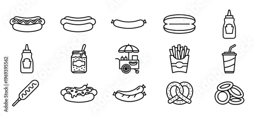 Collection of black outline icons representing various hot dog and street food items, including condiments and snacks