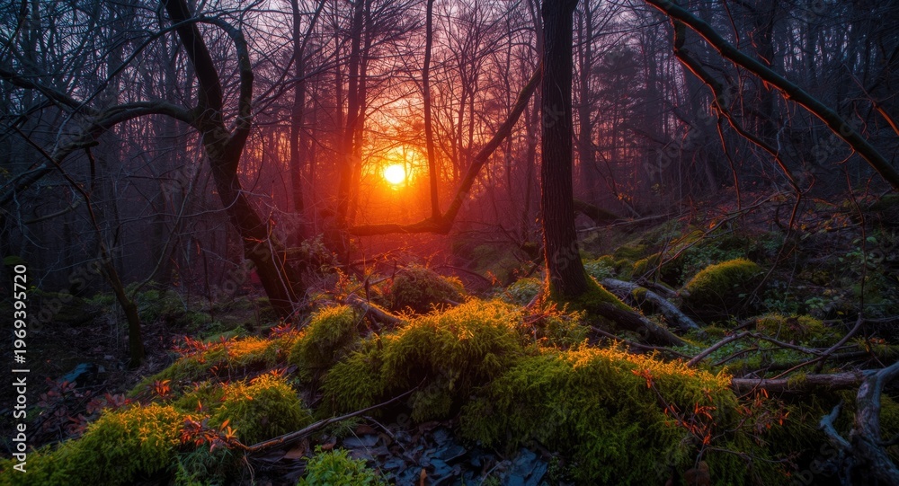 Fototapeta premium Magical forest scene with radiant moss and neon sunset backdrop