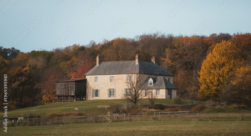 Fototapeta premium Historic countryside farmhouse on a hillside surrounded by autumn trees