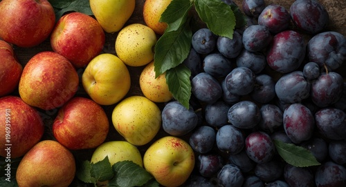 Vibrant late summer fruits including apples pears and plums displayed on a rustic table