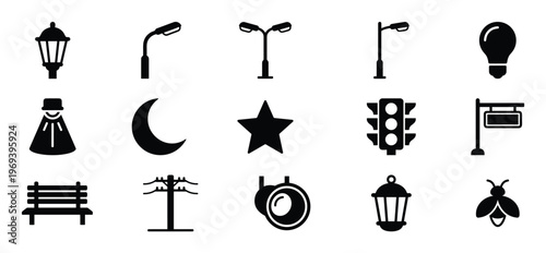 Collection of various black silhouette icons representing street lights, a bench, a traffic light, and a light bulb