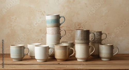 Stacked ceramic mugs and cups arranged on vintage wooden table highlighted by beige and khaki backdrop
