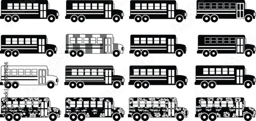 Set of school bus icons and silhouettes featuring floral patterns, outline styles, and solid black designs for education, student transport, and school projects.