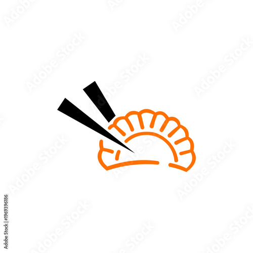 A sleek and appetizing minimalist logo in vibrant orange and jet black, depicting a dumpling (gyoza/potsticker) and a pair of chopsticks.