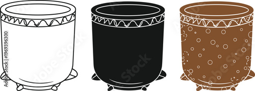 Set of three cylindrical tribal drum icons in outline, solid black, and textured brown styles isolated on a white background.