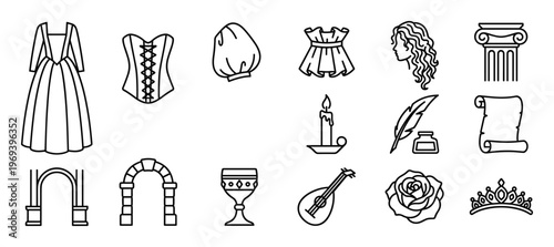 Collection of black outline medieval and renaissance icons including a dress, corset, candle, and lute