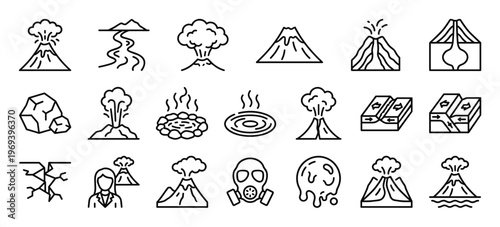 Collection of twenty black outline icons depicting various geological phenomena, including volcanoes, earthquakes, and hot springs, presented in a clean, illustrative style