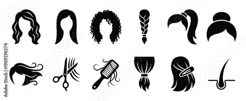 Collection of black silhouette hair icons representing various hairstyles, hair care tools, and hair health concepts