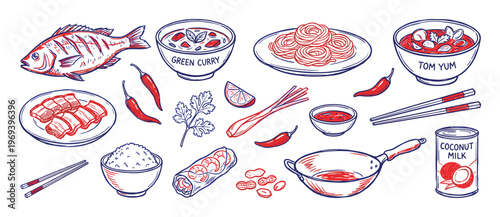 Vibrant collection of hand-drawn Thai cuisine elements, including fish, curries, noodles, and ingredients, rendered in a striking red and blue sketch style