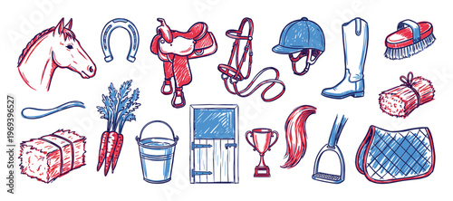 Various hand-drawn equestrian themed objects, including a horse head, saddle, bridle, helmet, boot, and horseshoe, depicted in a charming sketch style