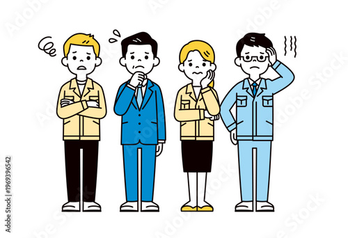 困った表情の、製造業・建設業の経営者と男性作業員と事務員の全身ベクターイラスト素材セット