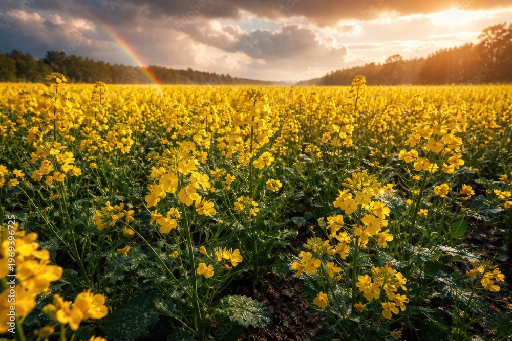Fototapeta premium Rapeseed Flowers Blooming After Rain Under Dramatic Sky
