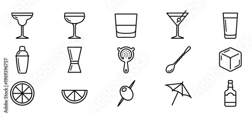Collection of black outline bar and cocktail icons, including glasses, shakers, jiggers, and garnishes, presented in a clean, graphic style