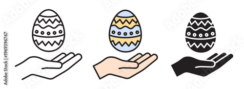 Set of three vector icons featuring a decorated Easter egg in hand in outline, color filled, and solid styles. Clean minimalist design with editable stroke and festive patterns.