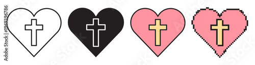 A collection of four heart icons with a christian cross in different styles: line, solid, flat color, and pixel art. Minimalist religious symbols of faith and love.
