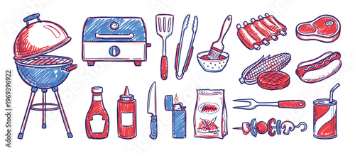 Vibrant collection of hand-drawn barbecue items, including grills, food, and utensils, rendered in a playful sketch style