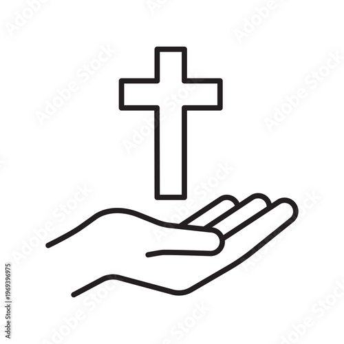 Vector line icon of a human hand with a holy christian cross. Concept of faith, prayer, and easter celebration. Editable stroke.