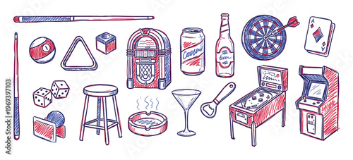 Collection of hand-drawn red and blue doodle illustrations depicting various bar and game room items in a playful style