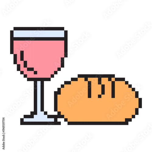 Pixel art Easter bread and wine chalice icon. 8-bit Eucharist sacrament symbol. Retro Christian religious loaf and wine glass graphic. Minimalist pixelated holiday illustration.
