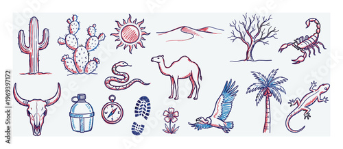Collection of hand-drawn desert elements including cacti, a sun, snake, camel, scorpion, skull, canteen, compass, and palm tree, rendered in a sketch art style