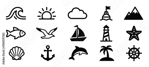 Collection of fifteen black and white outline icons representing various nautical and nature-related elements, presented clearly