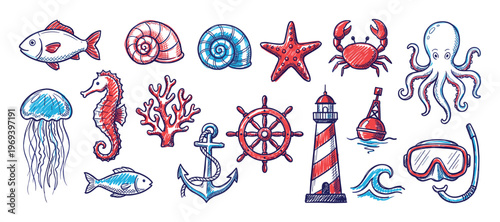 Vibrant collection of hand-drawn marine life and nautical elements, including fish, shells, starfish, crab, octopus, jellyfish, seahorse, coral, anchor, ship wheel, lighthouse, buoy, wave,