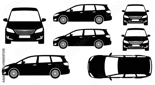 Black Silhouette of a Station Wagon Car from Multiple Angles