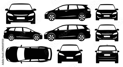 Black Silhouette of a Station Wagon Car from Multiple Angles