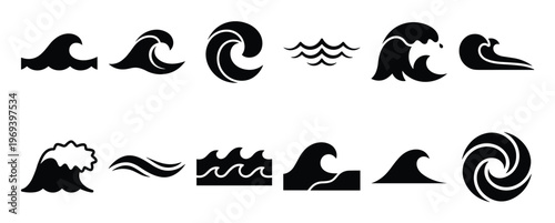 Collection of various black silhouette wave icons and symbols, showcasing different shapes and styles for water movement
