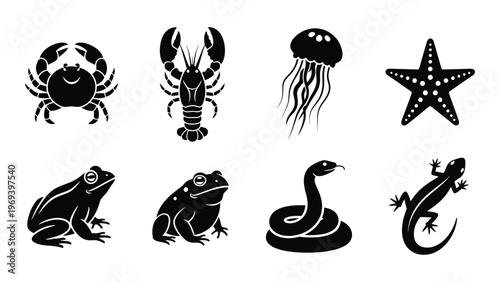 A collection of marine and amphibian animal icons are displayed in stark black creating a dramatic silhouette high quality professional detailed