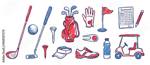Various golf equipment items, including clubs, ball, bag, glove, and cart, are illustrated in a playful sketch style