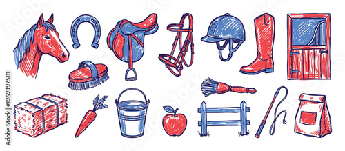Collection of hand-drawn equestrian items including a horse head, saddle, horseshoe, and riding gear in red and blue sketch style