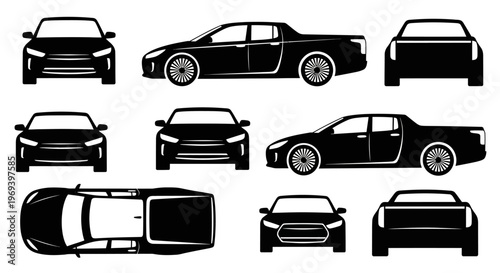 Black Silhouette Car Views: Front, Side, Top, Back - Vector Icons