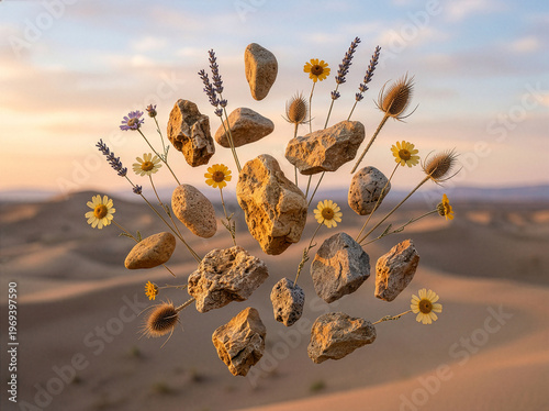 Surreal Floating Rocks and Wildflowers in Desert at Golden Hour
