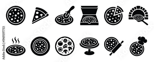 Collection of black and white pizza icons showcasing various styles and related objects in a clean, graphic design