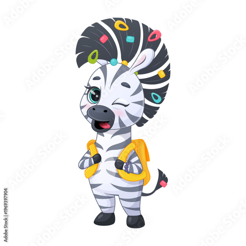 Cute zebra student winking with backpack, cheerful pose, yellow satchel straps, striped mane and tail, bright